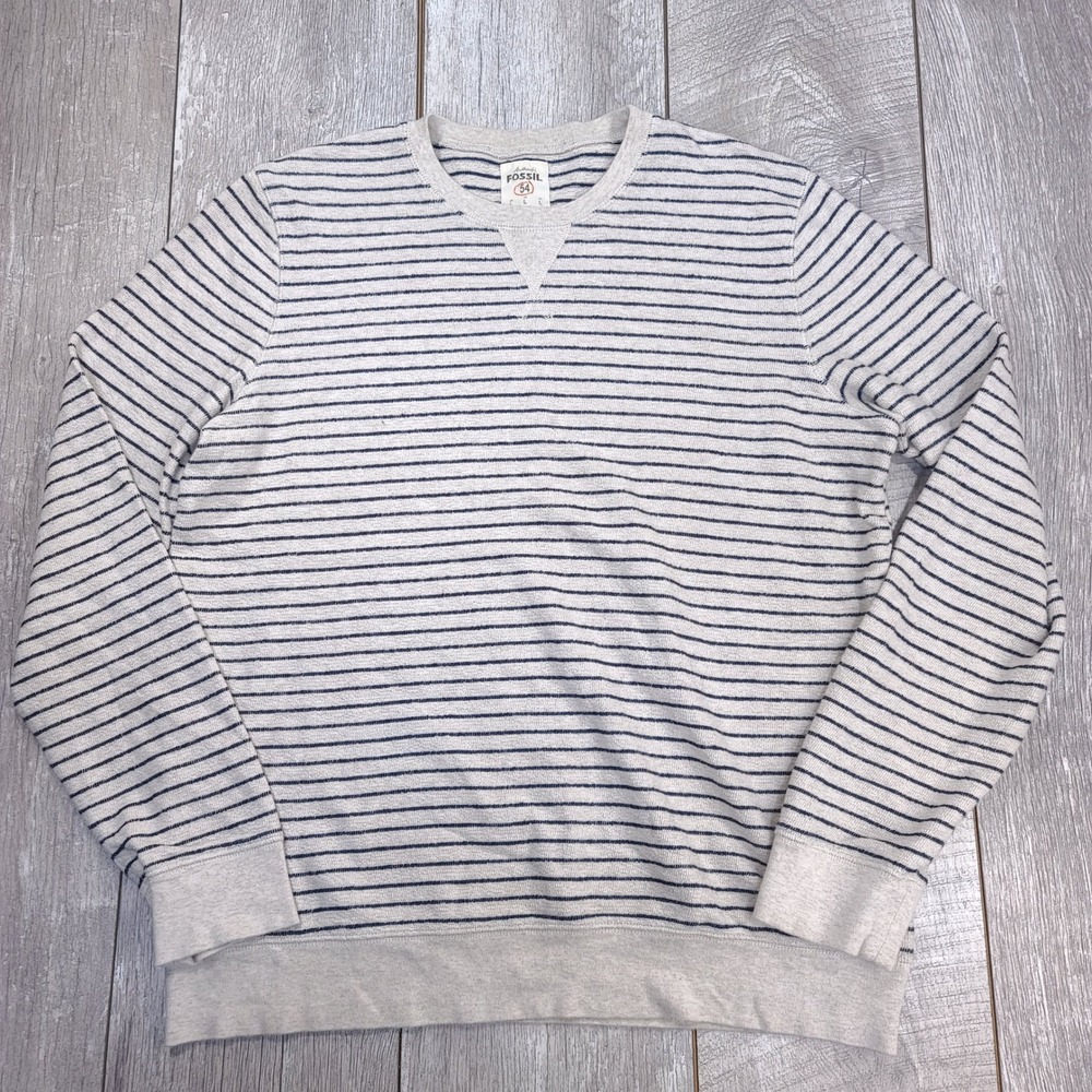Fossil Sweatshirt Men Large Cream Navy Striped Cotton Crew Neck Pullover